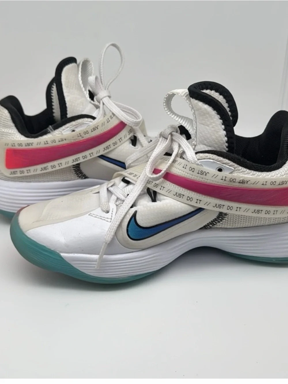 Nike White Volleyball/Basketball Shoes with Blue and Pink Accents